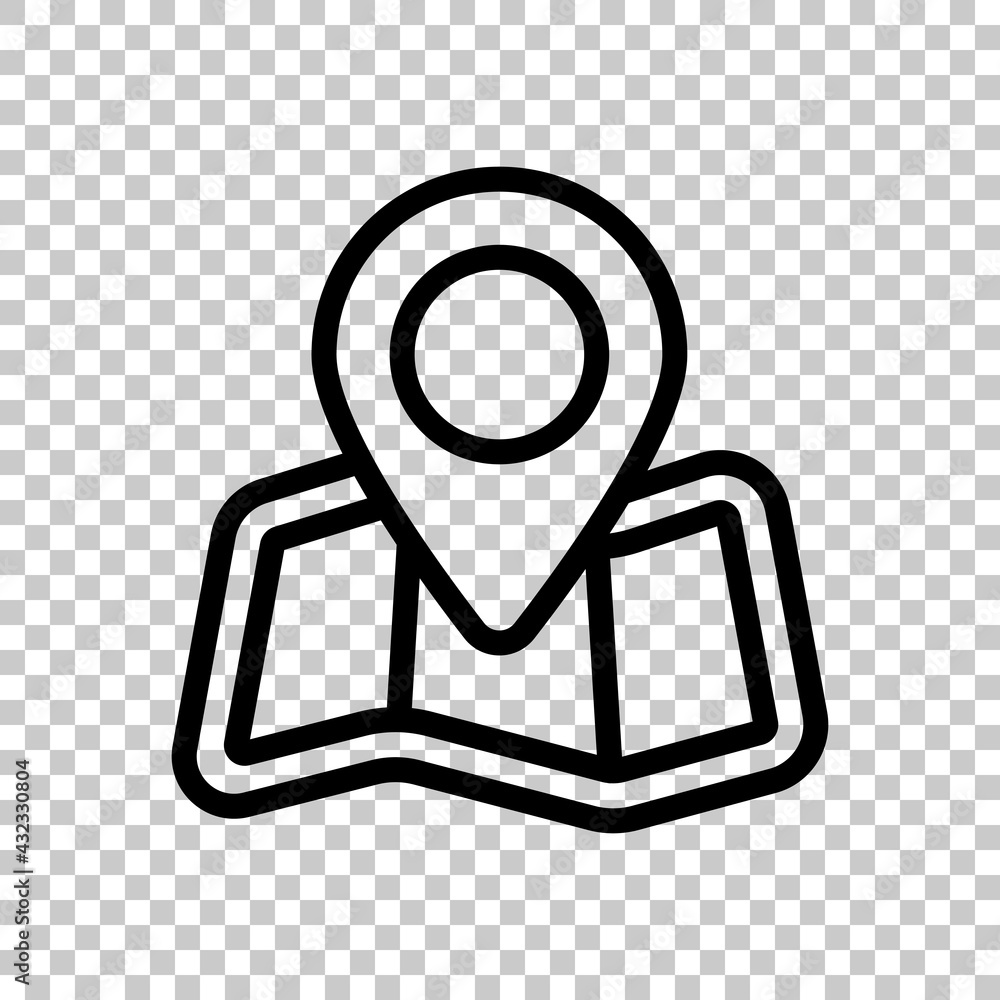 Poster paper map with pin, location by gps, simple landmark. black editable linear symbol on transparent ba