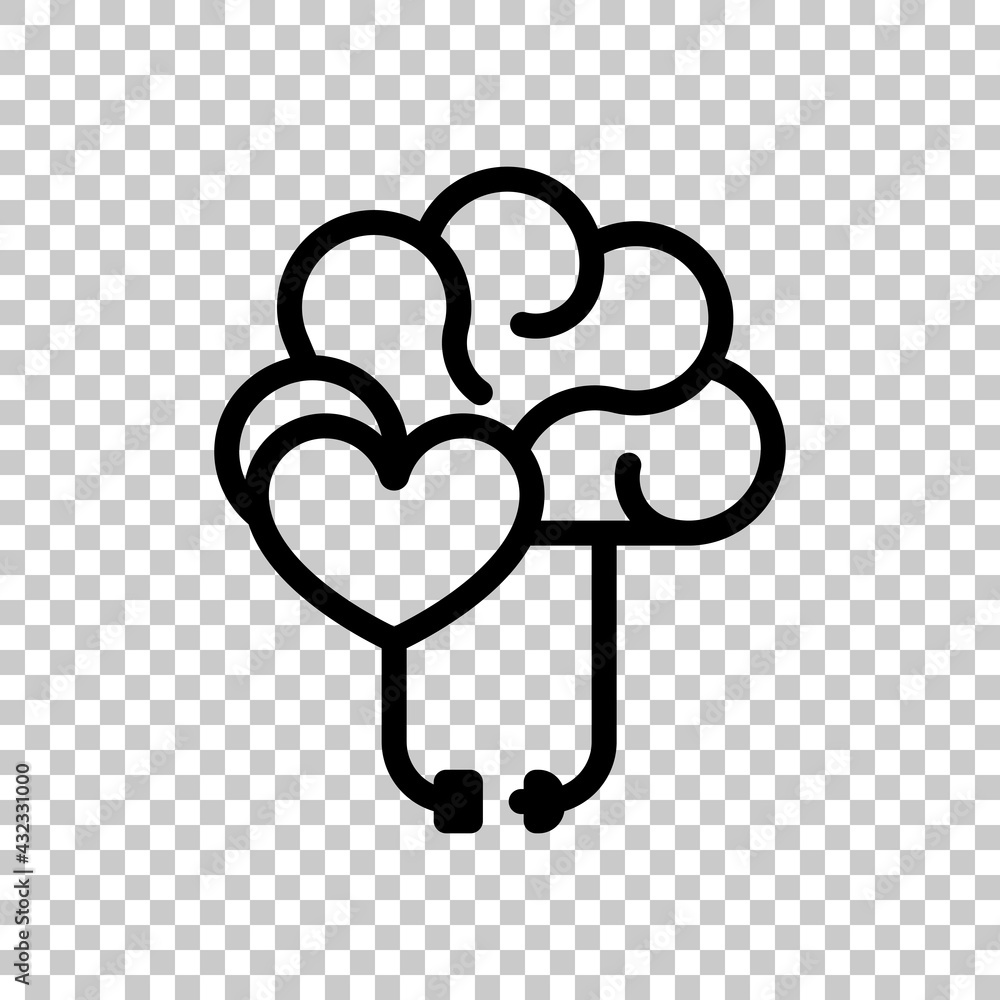 Poster heart and brain, balance between emotion and logic. black editable linear symbol on transparent back