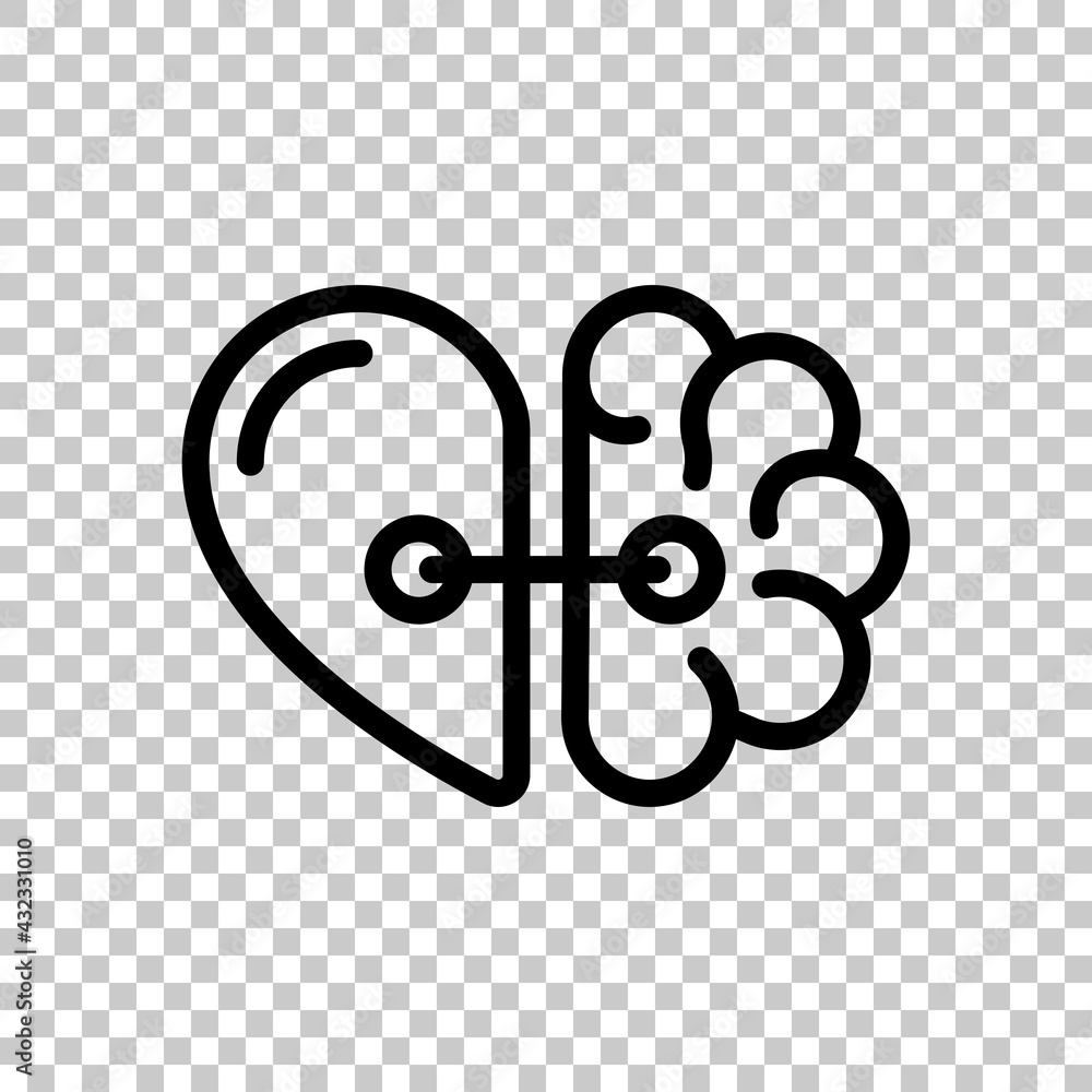 Poster heart and brain, balance between emotion and logic. black editable linear symbol on transparent back