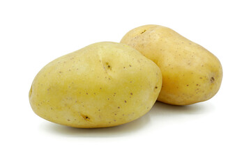Two raw potato, Fresh organic vegetable, Isolated on white background, Cut out with clipping path
