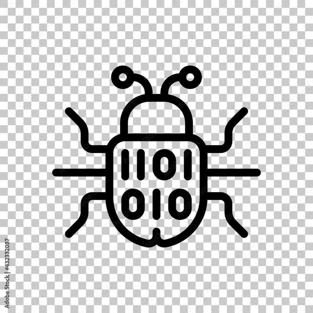 Poster simple bug icon, computer virus or malware. black editable linear symbol on transparent background
