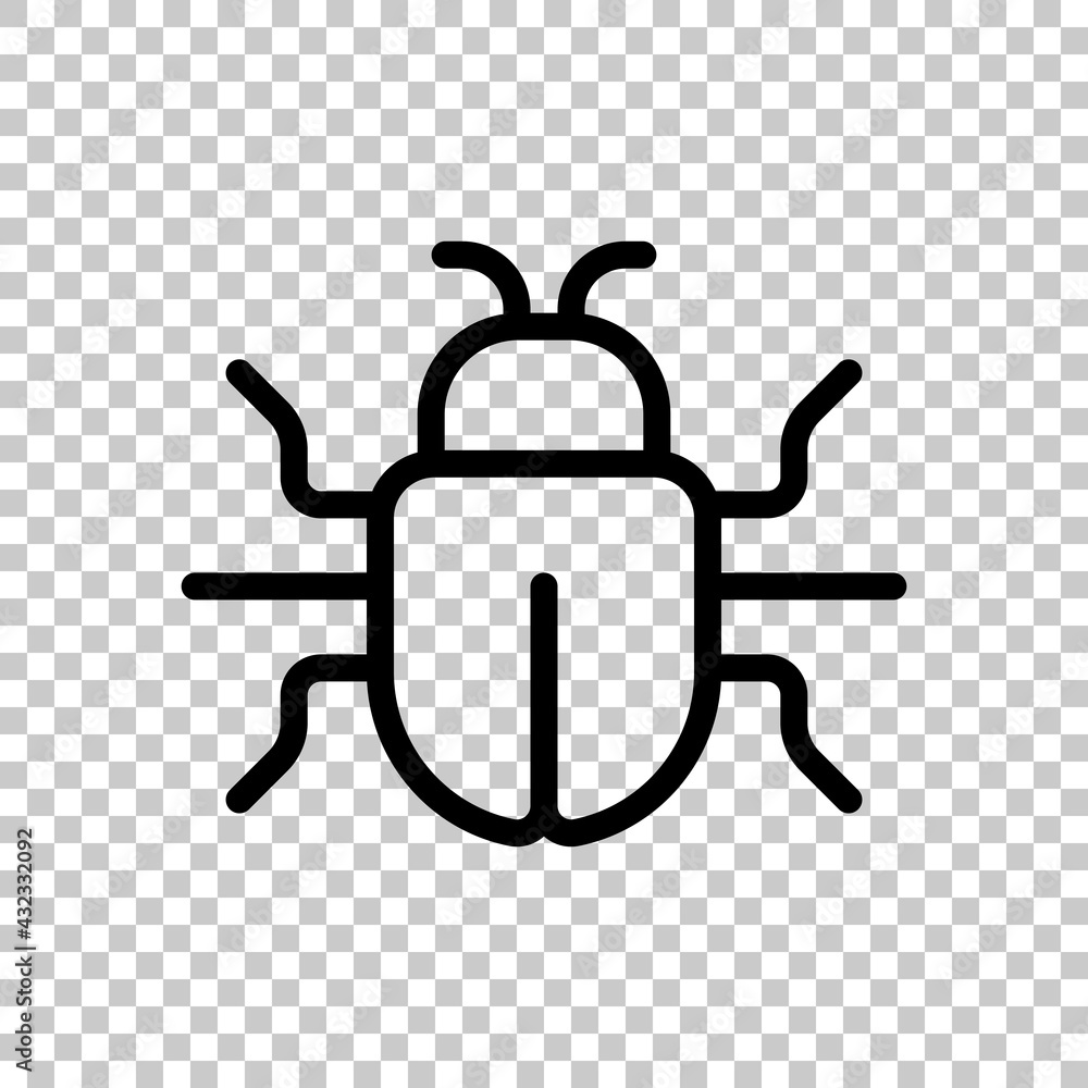 Poster simple bug icon, computer virus or malware. black editable linear symbol on transparent background