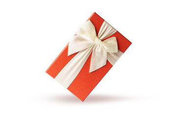 gift isolated on white. red gift box with white ribbon and bow