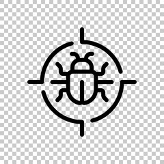 Simple bug icon, computer virus or malware. Black editable linear symbol on transparent background