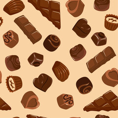 Seamless pattern with chocolates and pieces of chocolate bars. Vector graphics.