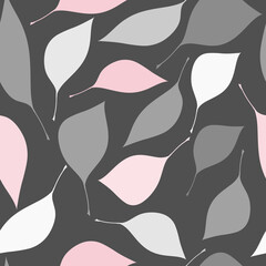 Seamless elegant baby pattern with pink, gray and white hand drawn leaves on dark green background. The pattern can be used for wrapping papers, cards, wallpapers, covers, textile prints. Vector