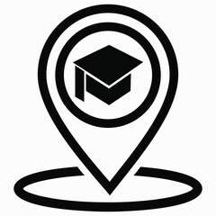 Location icon and academic cap. GPS  University. Geotag of the educational institution. Institute icon. Vector icon. 