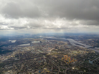 The city of Kiev in cloudy weather. Aerial high view.