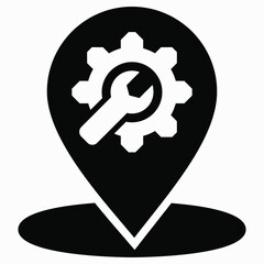 Service location. GPS and repair shop. Point on the service map. Maintenance icon. Location and wrench icon. Vector icon.