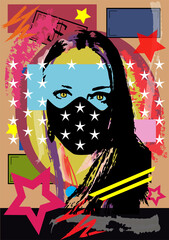Girl with mask, pop art background with stars. Vector illustration 