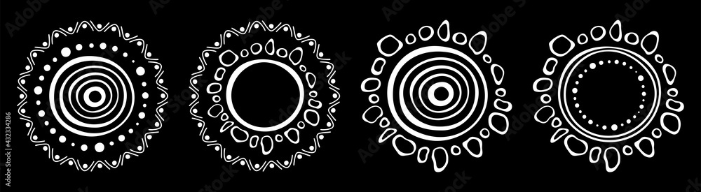 Wall mural Set of stylized suns. Australian art. Aboriginal painting style. Smooth round white shapes, circles isolated on black background. Doodle sketch style. Vector monochrome illustration.