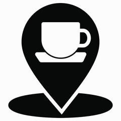 Location of the cafe. GPS and cup. Point on the recreation map. Restaurant icon. Vector icon.