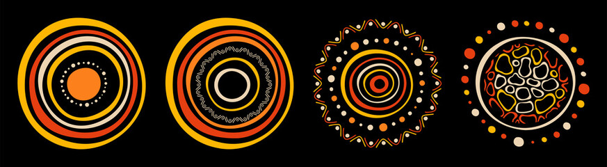 Set of stylized suns. Australian art. Aboriginal painting style. Smooth round shapes, circles isolated on black background. Doodle sketch style. Vector color illustration. © Andrey