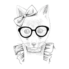 Foto op Plexiglas Hand drawn portrait of funny Fox with accessories © Marina Gorskaya