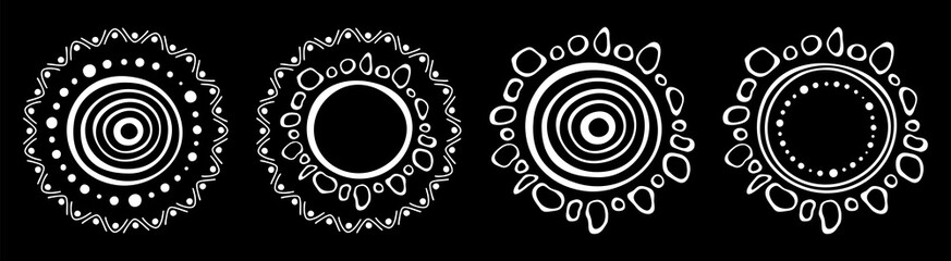 Set of stylized suns. Australian art. Aboriginal painting style. Smooth round white shapes, circles isolated on black background. Doodle sketch style. Vector monochrome illustration.
