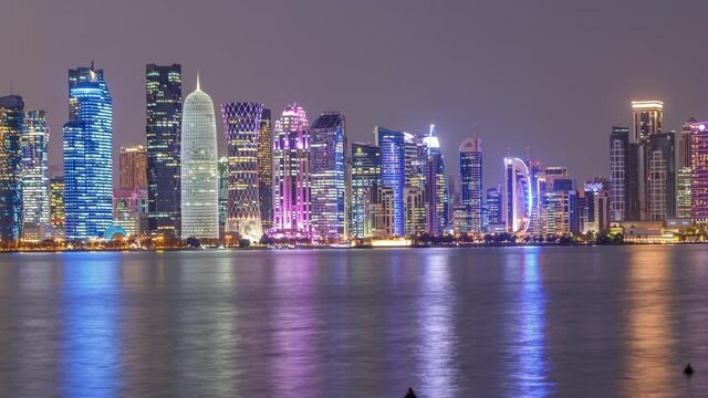Skyline with Skyscrapers day to night timelapse in Kuwait City downtown illuminated at dusk. Kuwait City, Middle East