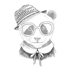 Tuinposter Hand drawn portrait of Panda baby with accessories © Marina Gorskaya
