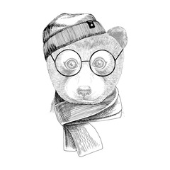 Hand drawn portrait of Bear baby with accessories