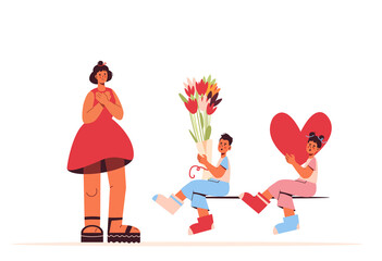 Happy Mothers Day! Twins children give gifts, flowers and heart. Son and daughter congratulate mom with bouquet of tulips on her birthday. Thankful gesture. Family. Isolated vector illustration.