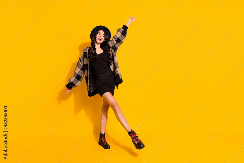 Sticker Photo of inspired lady dance enjoy wear hat checkered coat mini dress footwear isolated yellow color background