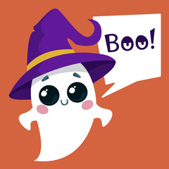 Ghost in a witch s hat. The inscription in the text cloud boo. Halloween symbol. Vector illustration in cartoon childish style. Isolated funny clipart character. Cute print fun