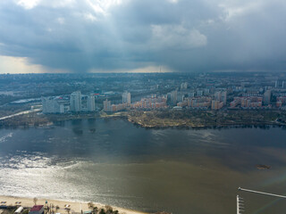 Obraz premium Dnieper river in Kiev in the afternoon. Aerial drone view.