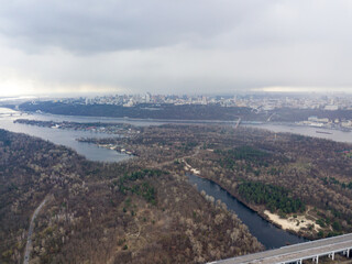 Dnieper river in Kiev in the afternoon. Aerial drone view.