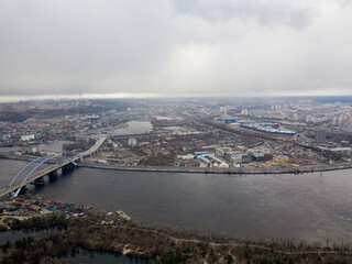 Fototapeta na wymiar Dnieper river in Kiev in the afternoon. Aerial drone view.