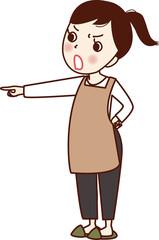 腰に手を当てて注意している女性。