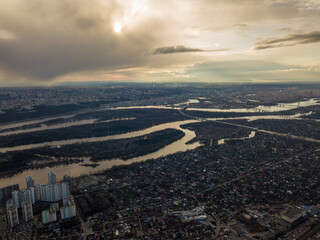 Fototapeta na wymiar Dnieper river in Kiev at sunset. Aerial drone view.