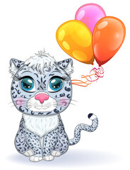 Cartoon snow leopard with expressive eyes. Wild animals, character, childish cute style.