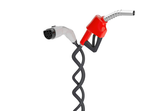 Fuel pump and plug for charging electric car isolated on white background. 3d render
