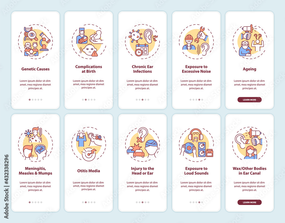 Wall mural hearing loss factors onboarding mobile app page screen with concepts set. ageing, injury walkthrough