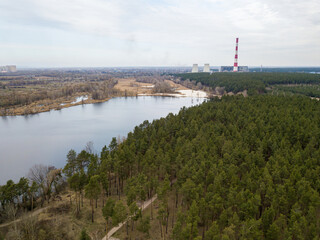 Fototapeta na wymiar The shore of a forest lake in early spring. Aerial drone view.