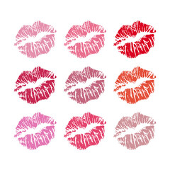 Imprints of lipstick on white. Silhouettes of red, pink, fuchsia lips isolated on white background. Qualitative trace of real lipstick texture