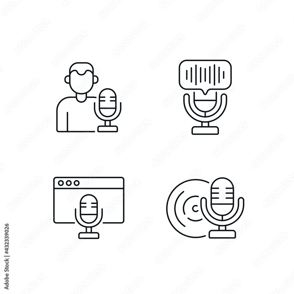 Poster podcast linear icons set. microphone. thin line customizable illustration. contour symbol. vector is