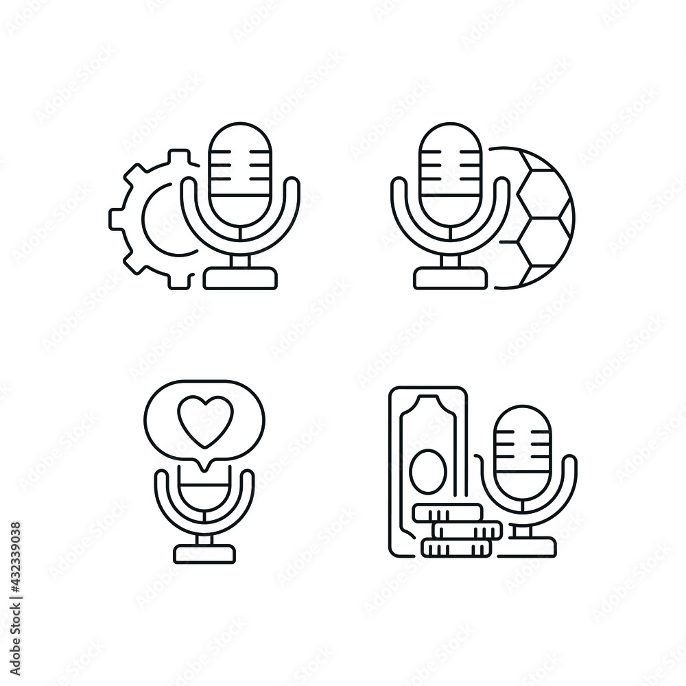 Poster podcast linear icons set. microphone. thin line customizable illustration. contour symbol. vector is