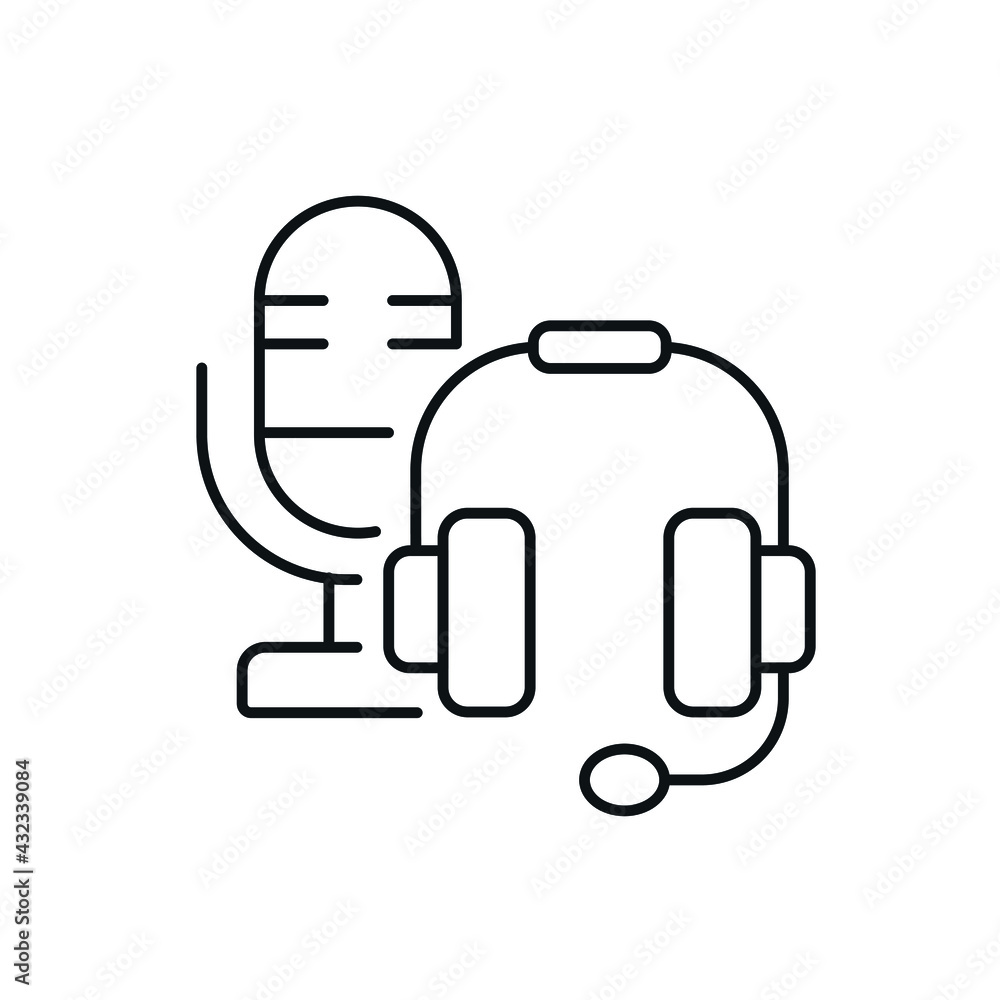 Poster microphone and headphone linear icon. podcast. thin line customizable illustration. contour symbol. 