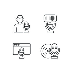 Podcast linear icons set. Microphone. Thin line customizable illustration. Contour symbol. Vector isolated outline drawing. Editable stroke