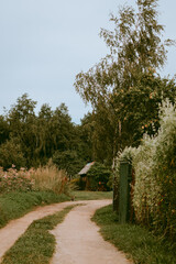 Dirt road in the countryside with small garden homes around