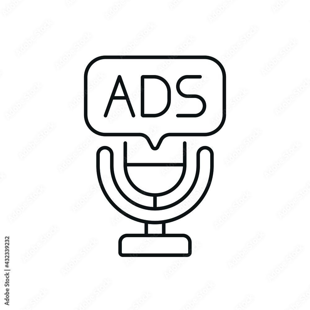 Poster microphone and ads linear icon. podcast. thin line customizable illustration. contour symbol. vector