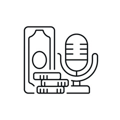 Microphone and money linear icon. Podcast. Thin line customizable illustration. Contour symbol. Vector isolated outline drawing. Editable stroke