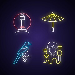 Korean traditions neon light icons set. N Seoul tower. Traditional umbrella. Oriental magpie. K pop musician. Signs with outer glowing effect. Vector isolated RGB color illustrations