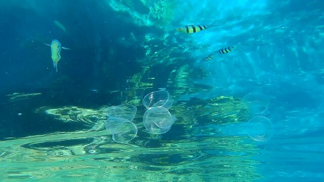 Closeup of plastic trash floats by water reflecting from its surface water in sunrays. Underwater shot, Plastic pollution of the Ocean. Massive plastic pollution in the Red Sea (4K - 60fps)