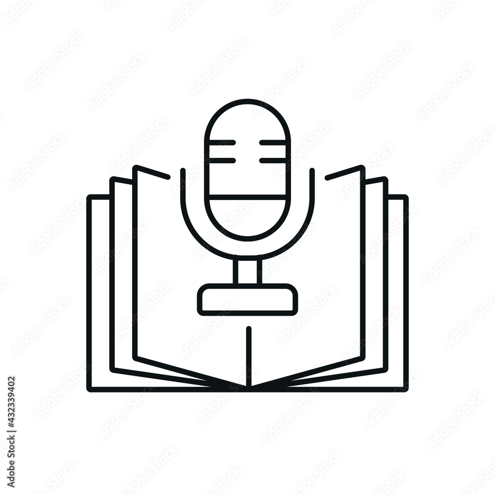 Poster microphone and book linear icon. podcast. thin line customizable illustration. contour symbol. vecto
