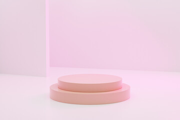 Beige cylinder shaped podium or pedestal for products or advertising on pastel pink background, minimal 3d illustration render