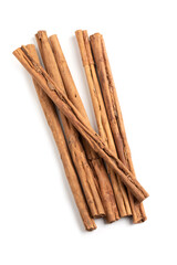 Cinnamon Spice, Raw, Isolated on White Background – Group of Dried Bark Sticks, Quills of Cinnamomum, Aromatic Flavor – Detailed Close-Up Macro, High Resolution, Top View, from Above