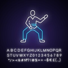 Taekwondo neon light icon. Martial arts. Karate fighter. Japanese jiu jitsu. Korean culture. Outer glowing effect. Sign with alphabet, numbers and symbols. Vector isolated RGB color illustration