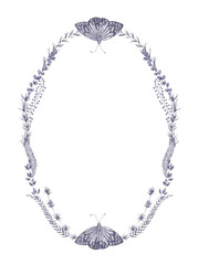 Watercolor wreath with herbs and moth. Vintage floral frame.