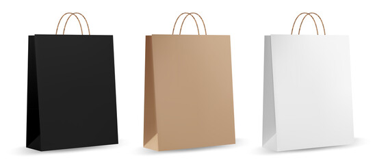 Paper bag template. Brown realistic paper bag. Front and side view of retail purchase packaging - blank mockup with empty space and rope handle.